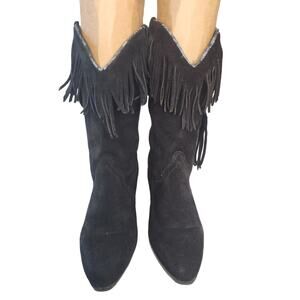 Silver Star Suede Mid Calf Fringe Cowboy Boots Western Cowgirl Fringed Houston